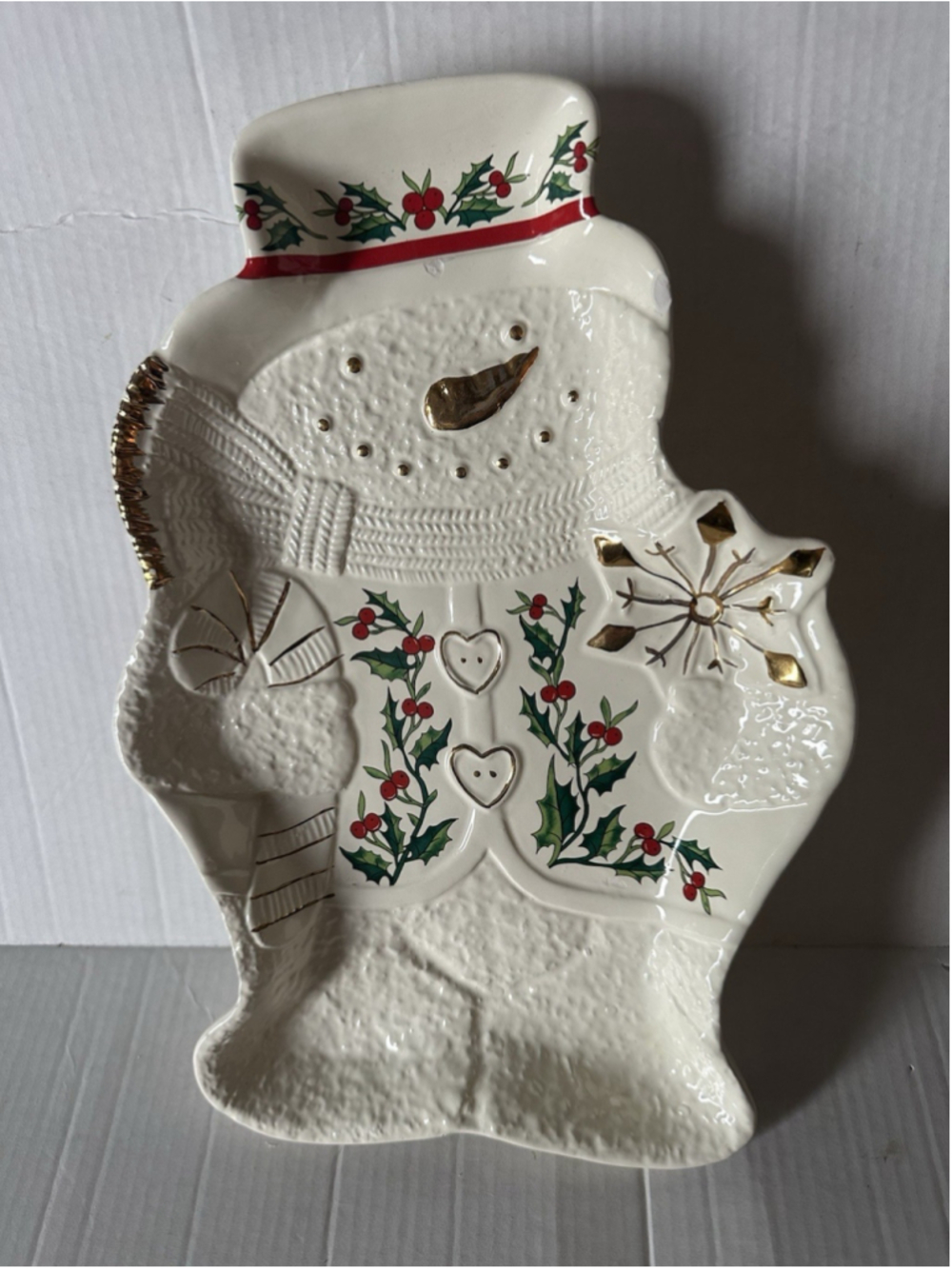 Formalities Baum Bros Holly Snowman Christmas Platter 12” Ceramic Gold 2001